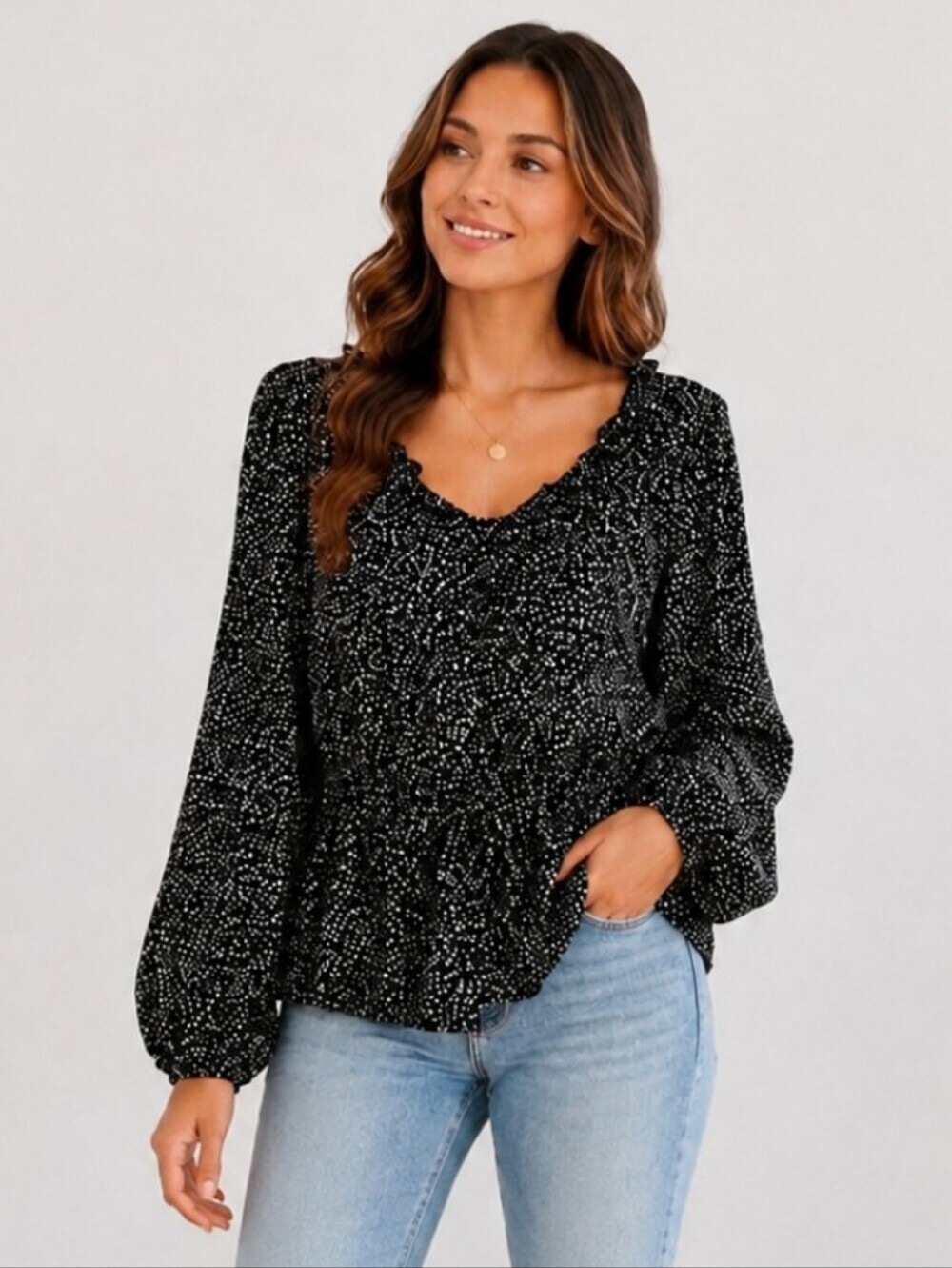 Universal Thread Black Printed Peplum Blouse XL NWT Ruffle Neck Top